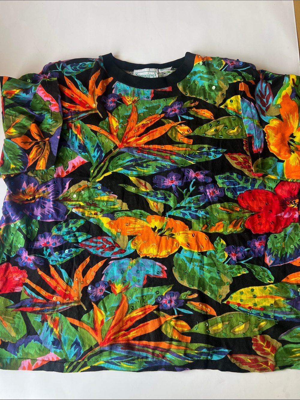 Vintage Tropical Floral Black Short Sleeve Top with sequins and shoulder pads.